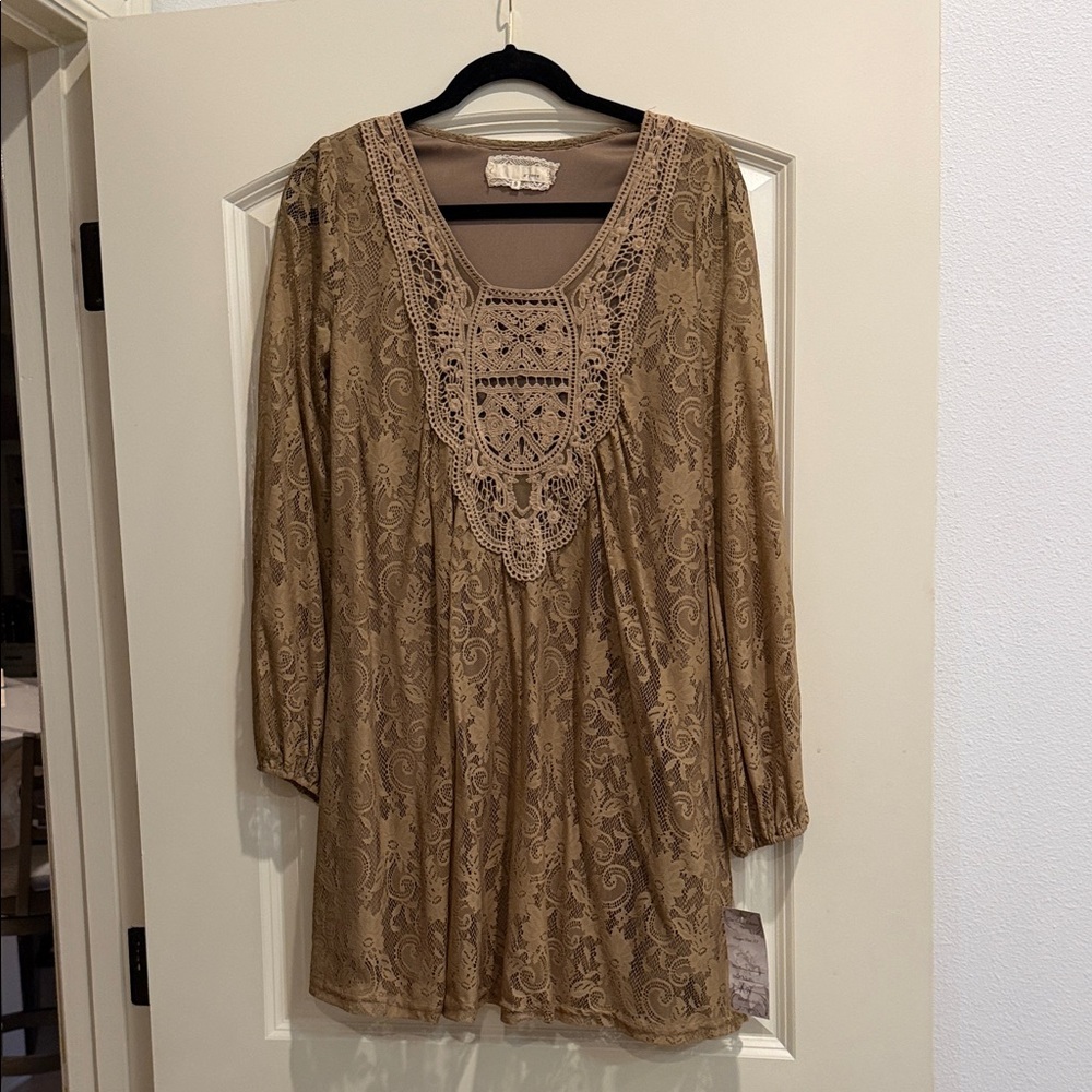 A'Reve Taupe Lace Tunic Dress with Crochet Yoke